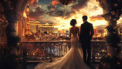 Elegant wedding couple gaze over glowing Las Vegas skyline.