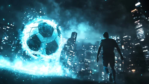 Neon soccer ball explodes with energy over night city pitch.