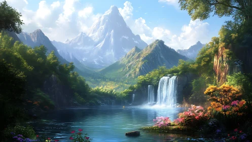 Sunlit alpine lake with tiered waterfalls and snowy peak