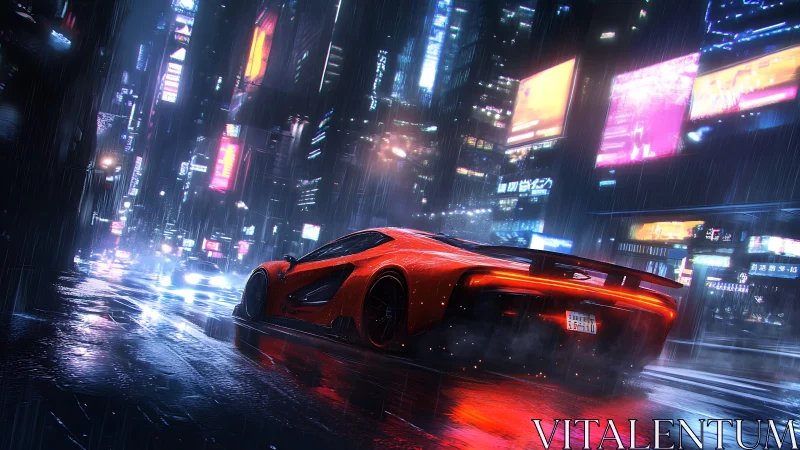 Neon lit supercar accelerates through rain soaked cyberpunk avenue