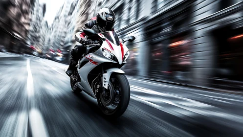 Superbike rider carving motion-blurred urban streetscape.