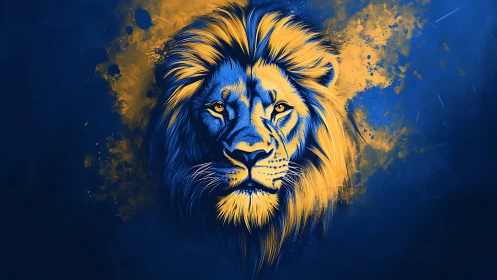 Lion head illustration uses dual-tone blue and yellow palette