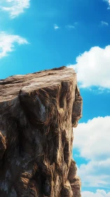 Sunlit rocky cliff reaching into a calm, endless blue sky.