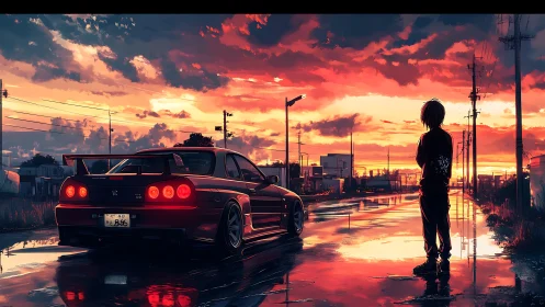 Street racer skyline under neon sunset reflections.