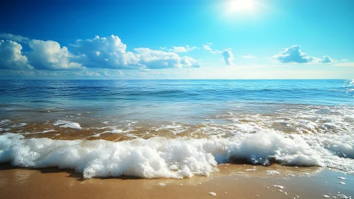 Sunlit shoreline with gentle turquoise waves rolling in.
