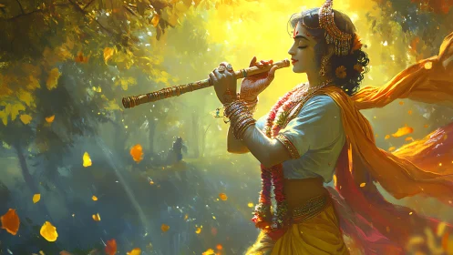 Divine figure playing flute in glowing forest scene.