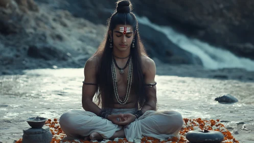 Young ascetic meditates by a mountain river in sacred calm