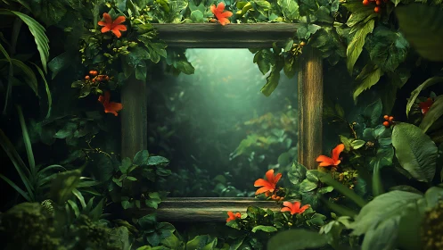 Wooden frame opens atmospheric green corridor within foliage
