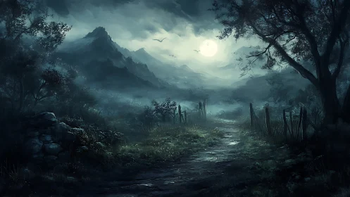 Nocturnal mountain valley path under diffuse lunar backlight.