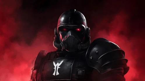 Armored sci fi soldier stands in red atmospheric backlight