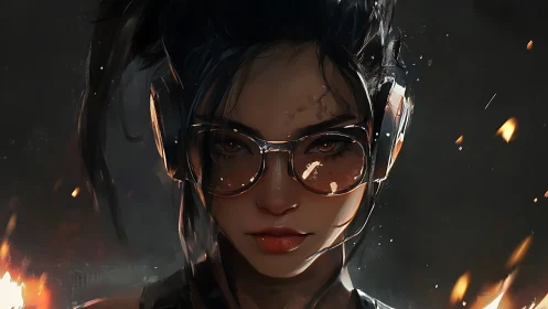 Cyberpunk gamer girl stares through sparks and dim smoke