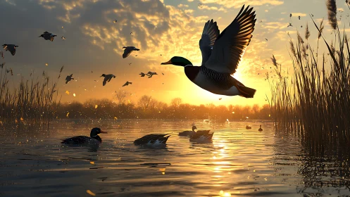 Ducks in low light over reflective lake at sunset period.
