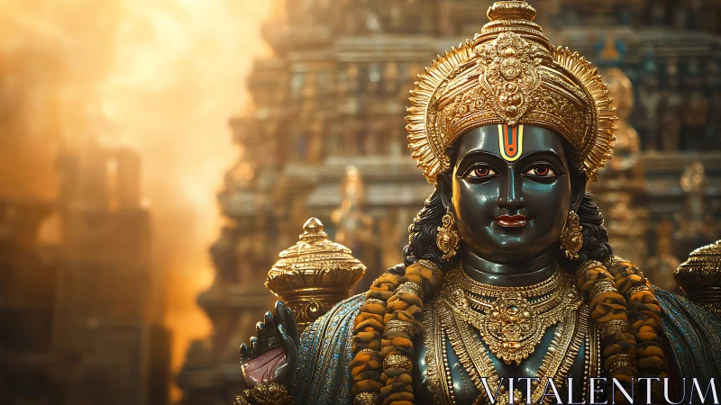 Radiant temple deity bathed in golden evening light.