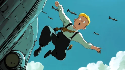 Blond boy falling from aircraft amid distant warplanes.