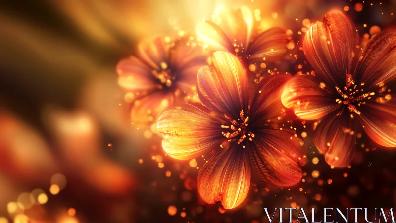 Glowing orange flowers with warm bokeh light effects