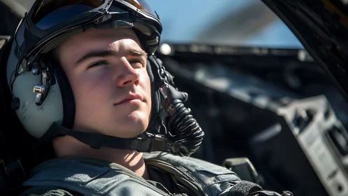 Fighter pilot gazes forward inside modern jet cockpit.