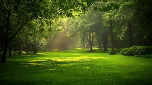 Sunlit Park Avenue Where Towering Trees Frame a Verdant Pathway