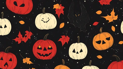 Cheerful jack o&rsquo; lanterns glow softly in a spooky night sky