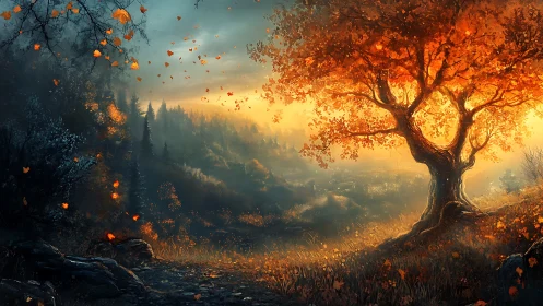 Where Autumn Ignites: A Solitary Tree Burns with Ethereal Light.
