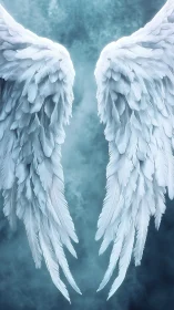 Angel wings glow against stormy teal misted background.