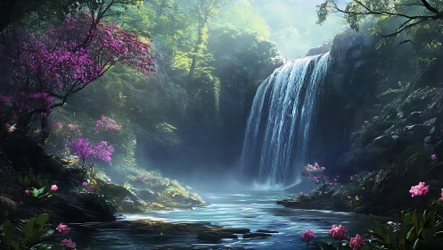 Luminescent forest waterfall cascades into misted river basin