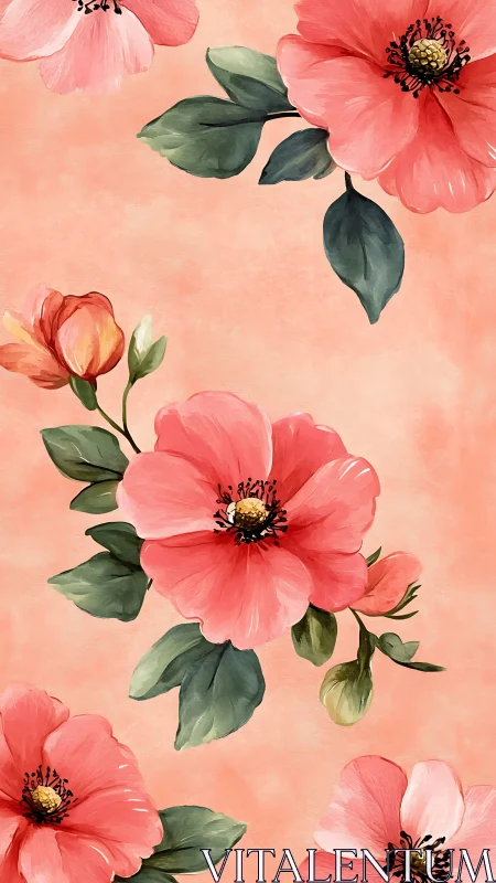 Coral Pink Floral Composition with Delicate Watercolor Blooms