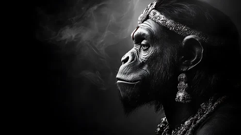 Profile view shows ornate, humanlike ape wearing jewelry