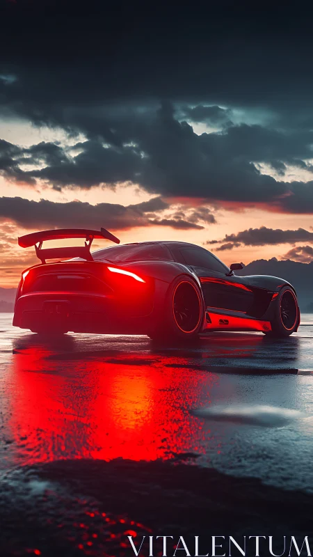 Night road glows as a sleek sports car waits in red light