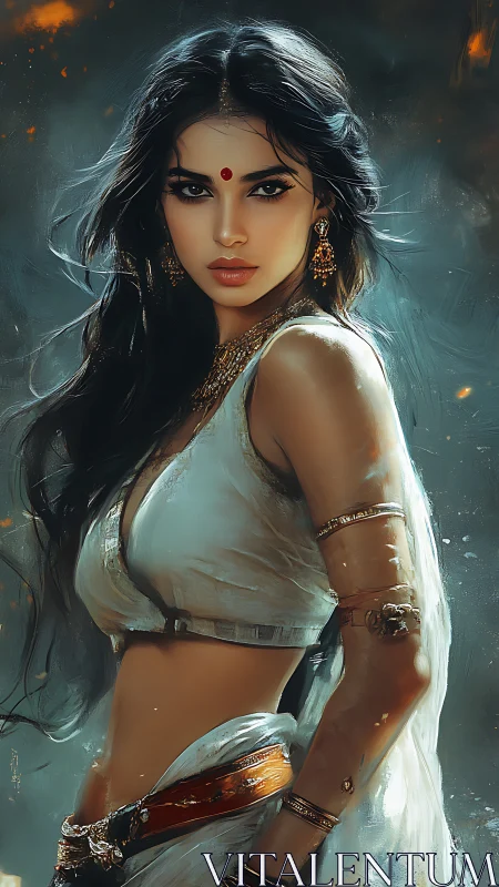 Digitally rendered warrior muse in luminous ethnic regalia.