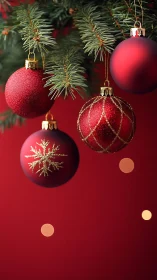Red Christmas baubles hang under evergreen branch