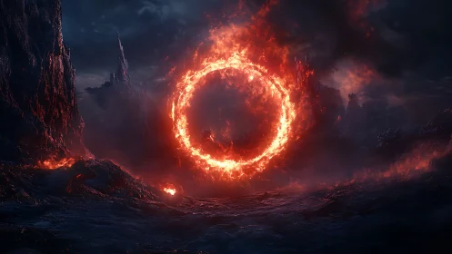 Fiery Ring Gate Portal in Volcanic Landscape.