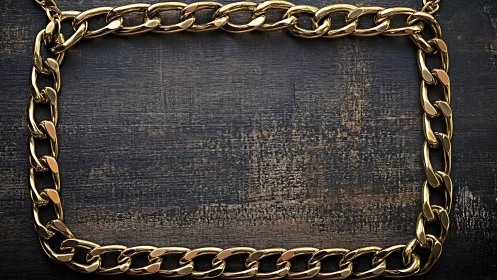 Golden chain frame rests on dark rustic wooden background