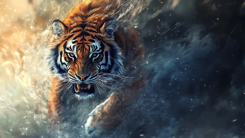 Tiger charges through swirling water and luminous mist.