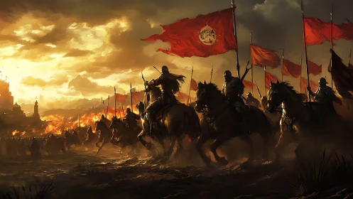 Cinematic digital painting of armored cavalry under war banners.