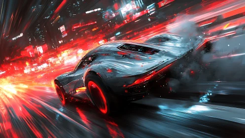 Futuristic silver supercar drifts through neon city night