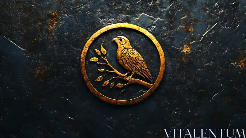 Golden Bird Emblem on Dark Textured Background, Modern Metallic Art.