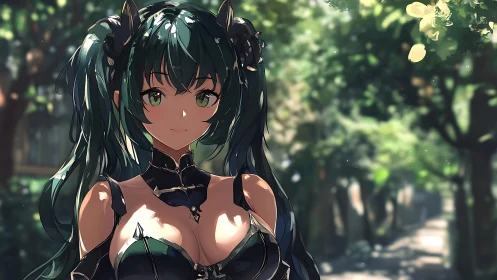 Green-haired anime character stands on sunlit tree path