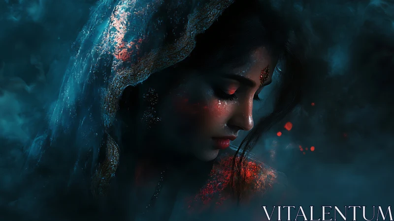 Veiled profile in ember-lit mist, contemplative portrait.