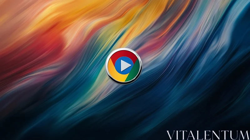 Color-swept abstract waves frame a central play button icon.