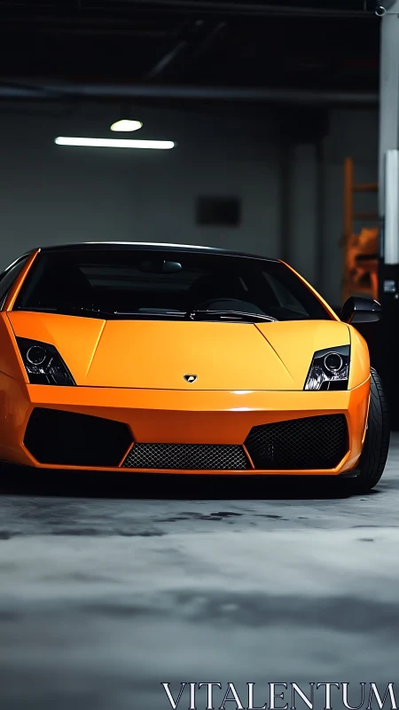 Orange Lamborghini front view in dim parking garage.