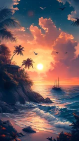 Golden sunset paints a dreamy tropical cove in gentle light