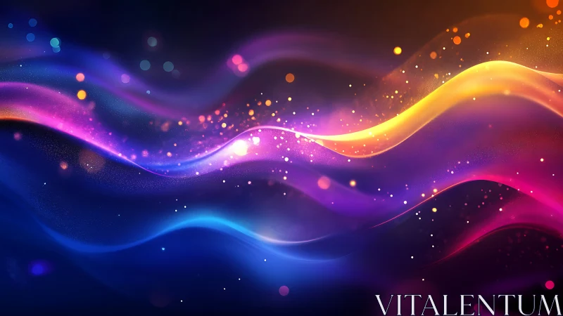 Vibrant neon light waves over deep cosmic gradient background.