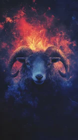 Celestial ram crowned in wildfire and midnight embers.