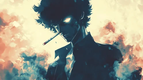 Brooding anime antihero emerges from swirling fiery smoke
