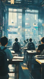 Futuristic classroom shows students facing towering cityscape