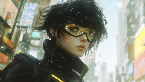 Cybernetic scout amid neon city haze, reflective visor poised.