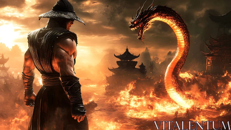 Warrior confronts fiery dragon over burning fantasy city.