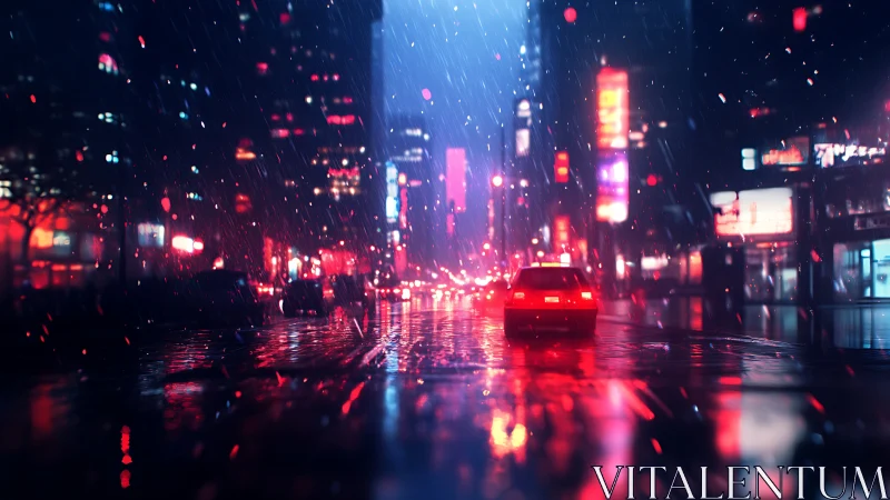 Rainy neon boulevard where city lights feel like music.