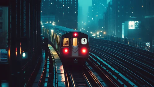 Subway train on elevated tracks in foggy city night scene.