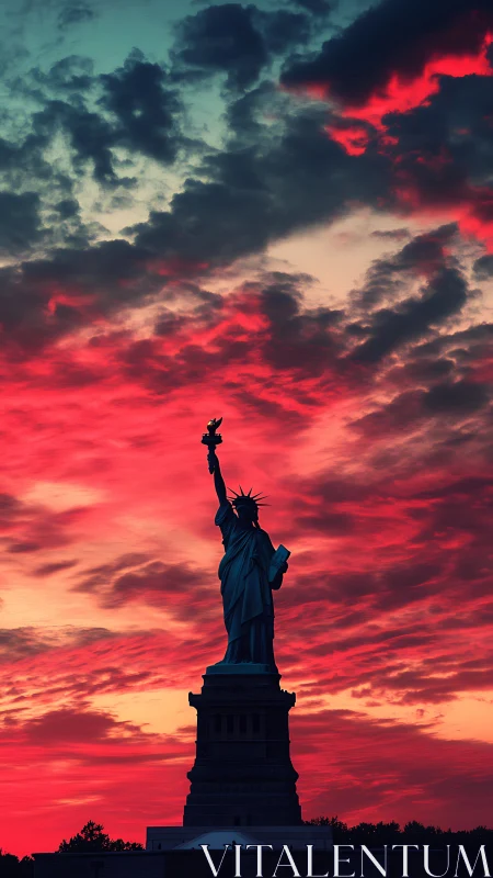 Statue of Liberty silhouetted against vivid crimson sunset sky.